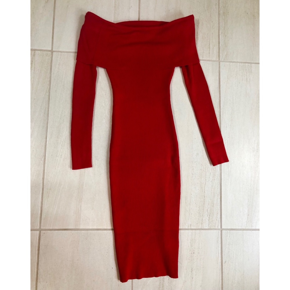 Off the shoulder red sweater dress